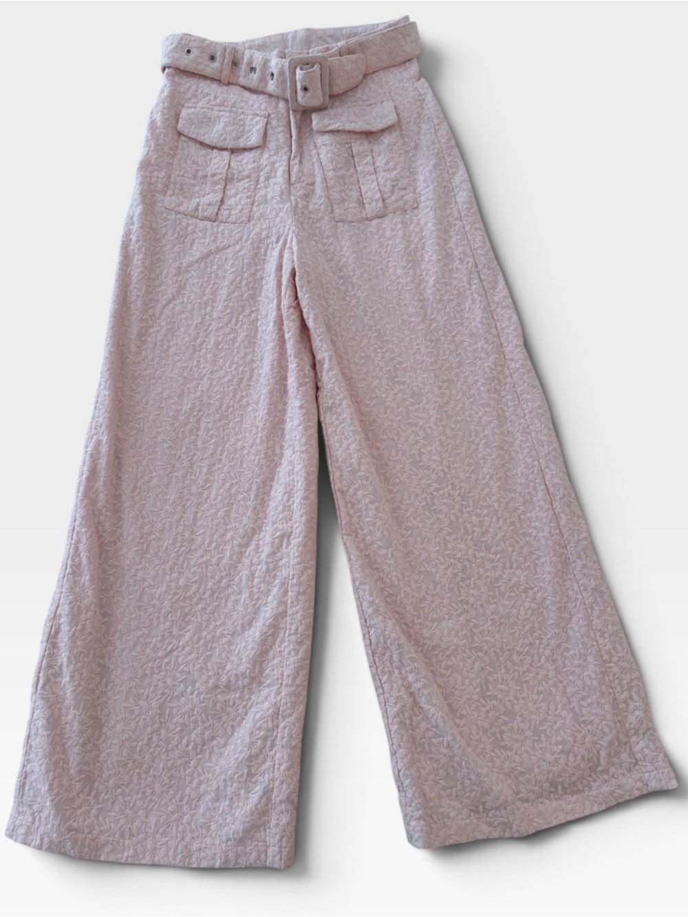 WE ARE KINDRED Wide-Leg High-Waist Textured Pink Pants with Belt 2
